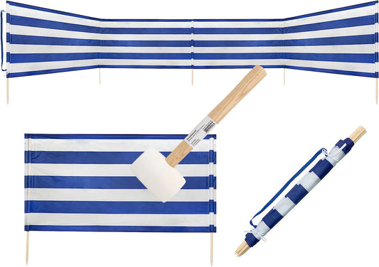 Idena - Blue-white windbreak incl. rubber mallet (white), with wooden poles, carrying strap and securing bands, 80 x 600 cm, privacy screen for beach, camping and garden (800 x 80 cm | incl. rubber mallet)