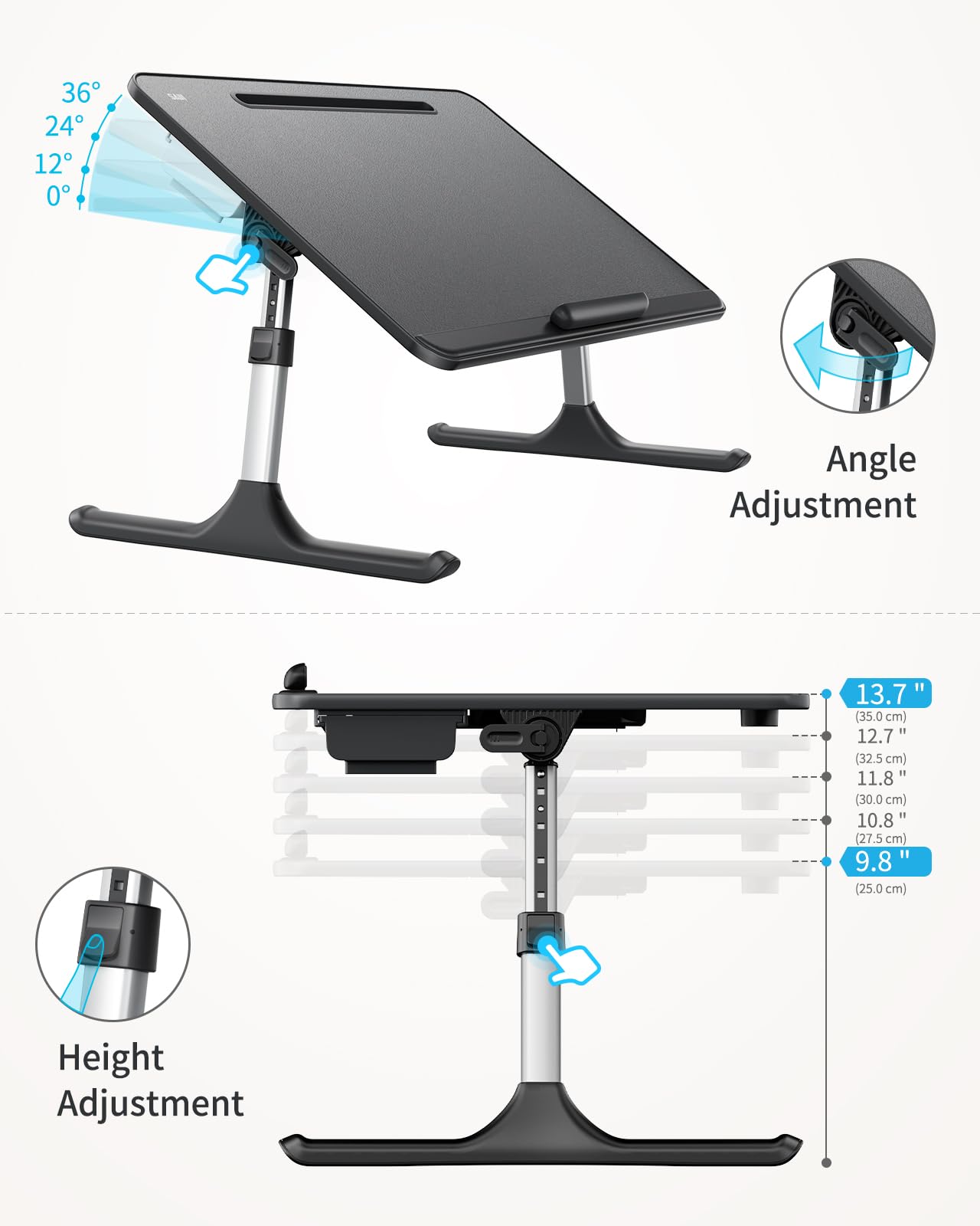 Folding Bed Table, SAIJI 60 * 40cm Laptop Desk, Adjustable Height in 5 Levels, with Book Stand, Drawer, Lap Stopper, Tablet Slot, Notebook Table for Reading or Breakfast and Drawing Table.