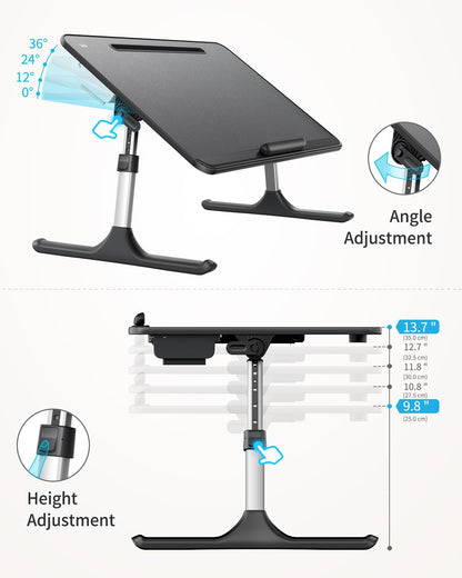 Folding Bed Table, SAIJI 60 * 40cm Laptop Desk, Adjustable Height in 5 Levels, with Book Stand, Drawer, Lap Stopper, Tablet Slot, Notebook Table for Reading or Breakfast and Drawing Table.