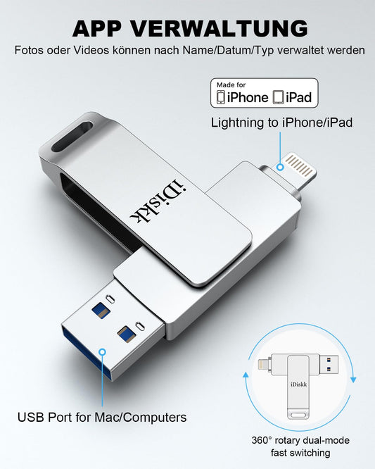 iDiskk MFi-certified 64GB Lightning-USB Photo Stick, Storage Extension Backup Flash Drive