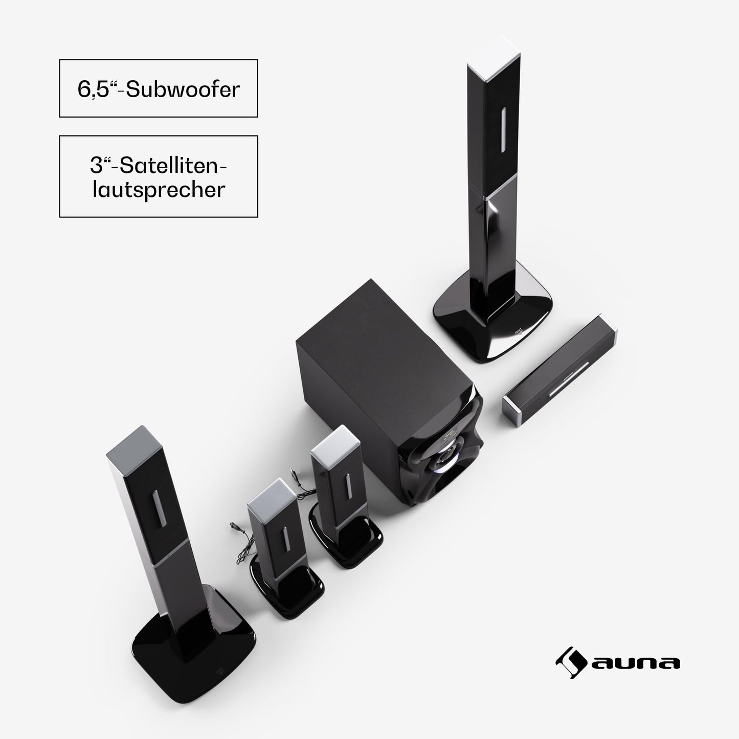 auna Areal 825 5.1 wireless sound system with Bluetooth, 100W subwoofer, and RGB lighting - USB/SD ports, AUX and optical input, home theater speakers with remote control.