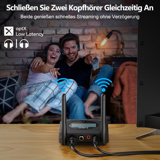1Mii B06TX+ Bluetooth 5.2 transmitter with a long range, aptX HD & low latency wireless audio sender with screen display for TV/PC/projector to connect to 2 Bluetooth headphones/speakers.