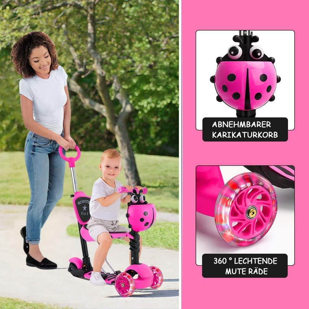 YOLEO 5-in-1 Kids Scooter with Removable Cartoon Basket Seat Push Handle LED Big Wheels Comfortable Backrest Height Adjustable Handlebar for Toddlers Boys Girls from 2 Years (Pink)