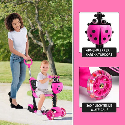 YOLEO 5-in-1 Kids Scooter with Removable Cartoon Basket Seat Push Handle LED Big Wheels Comfortable Backrest Height Adjustable Handlebar for Toddlers Boys Girls from 2 Years (Pink)