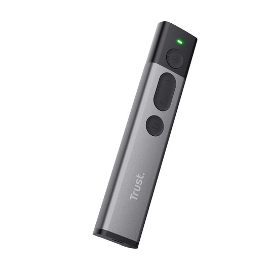 Trust Kazun Wireless Laser Presentation Tool with 4 PowerPoint functions, ultra-slim design, aluminum housing, extra-large range 30m, for PC/Laptop - Gray