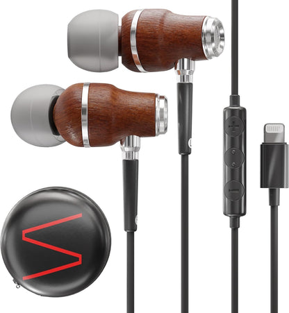 Symphonized® iPhone headphones with Apple MFI certification, wired headphones for iPhone, noise-cancelling in-ear headphones, 8mm bass, 3D sound from Bubinga wood, volume control for iPhone and iPad. NRG