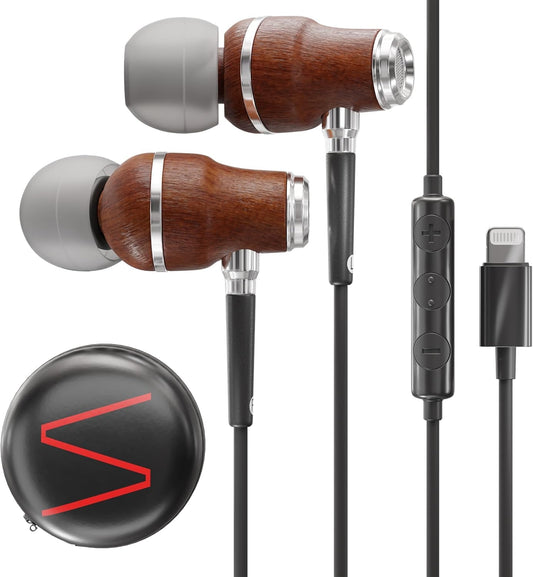 Symphonized® iPhone headphones with Apple MFI certification, wired headphones for iPhone, noise-cancelling in-ear headphones, 8mm bass, 3D sound from Bubinga wood, volume control for iPhone and iPad. NRG