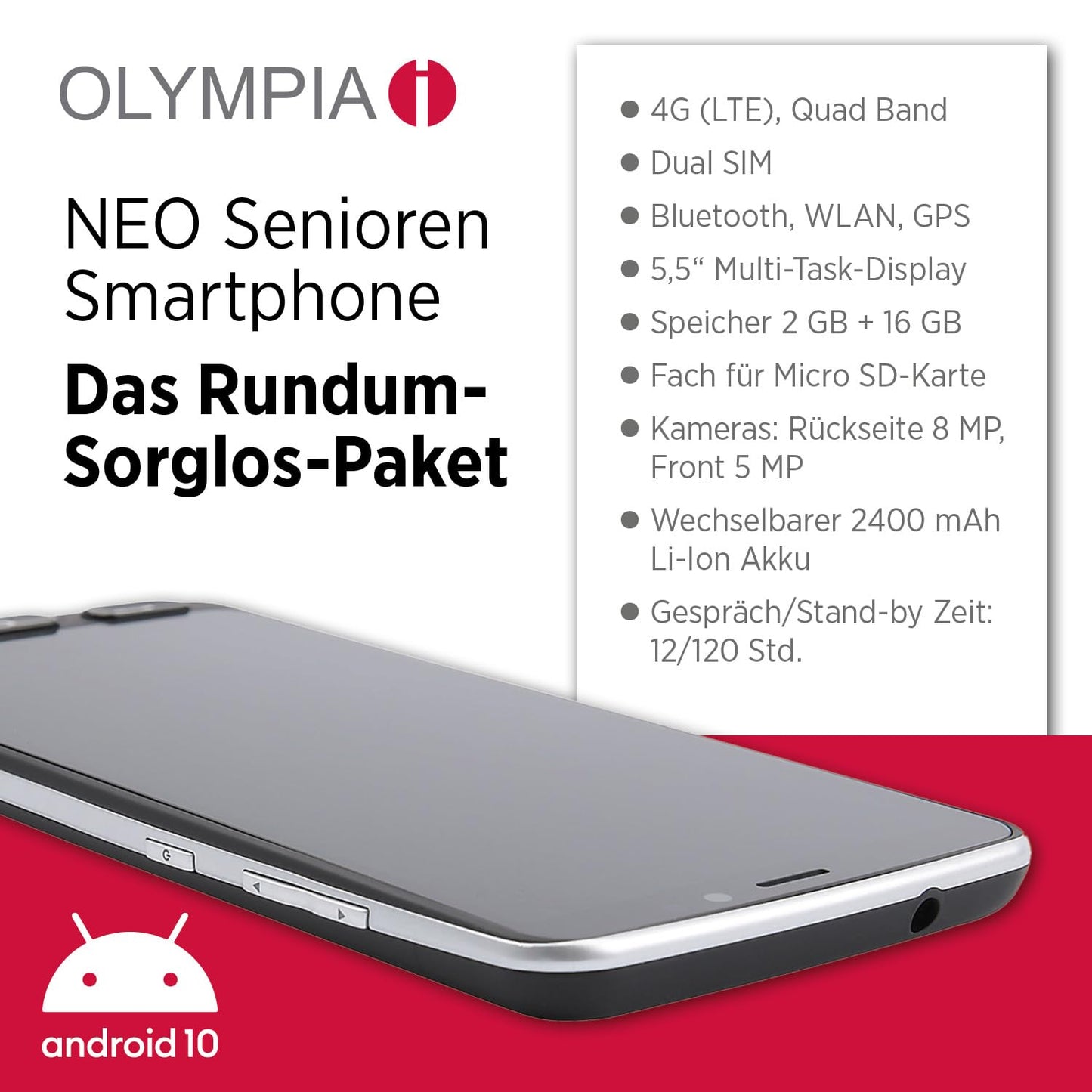 Olympia Neo 16 GB smartphone for seniors | Extra large display | Hearing aid compatible | Emergency call button | Senior smartphone 5.5" display | Whatsapp & Mediteo pre-installed | 8MP camera | Black
