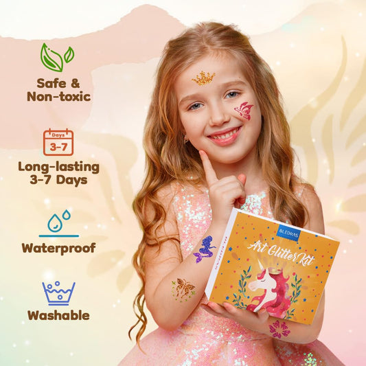Bledras Glitter Tattoo Set for Kids, 36 colors, 178 stencils, 4 brushes, 2 glue, perfect gift for children aged 3-12, beautifully packaged.