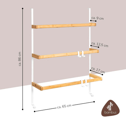 eluno Door Hanging Shelf made of metal and bamboo, door towel holder with 3 towel bars, 4 practical hooks, for hanging without drilling (White)