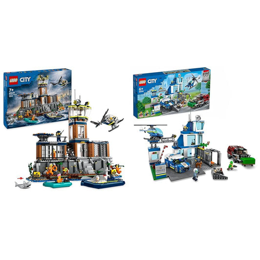 LEGO City Police Station on the Prison Island, police toy with helicopter & City Police Station with police car, garbage truck and helicopter.