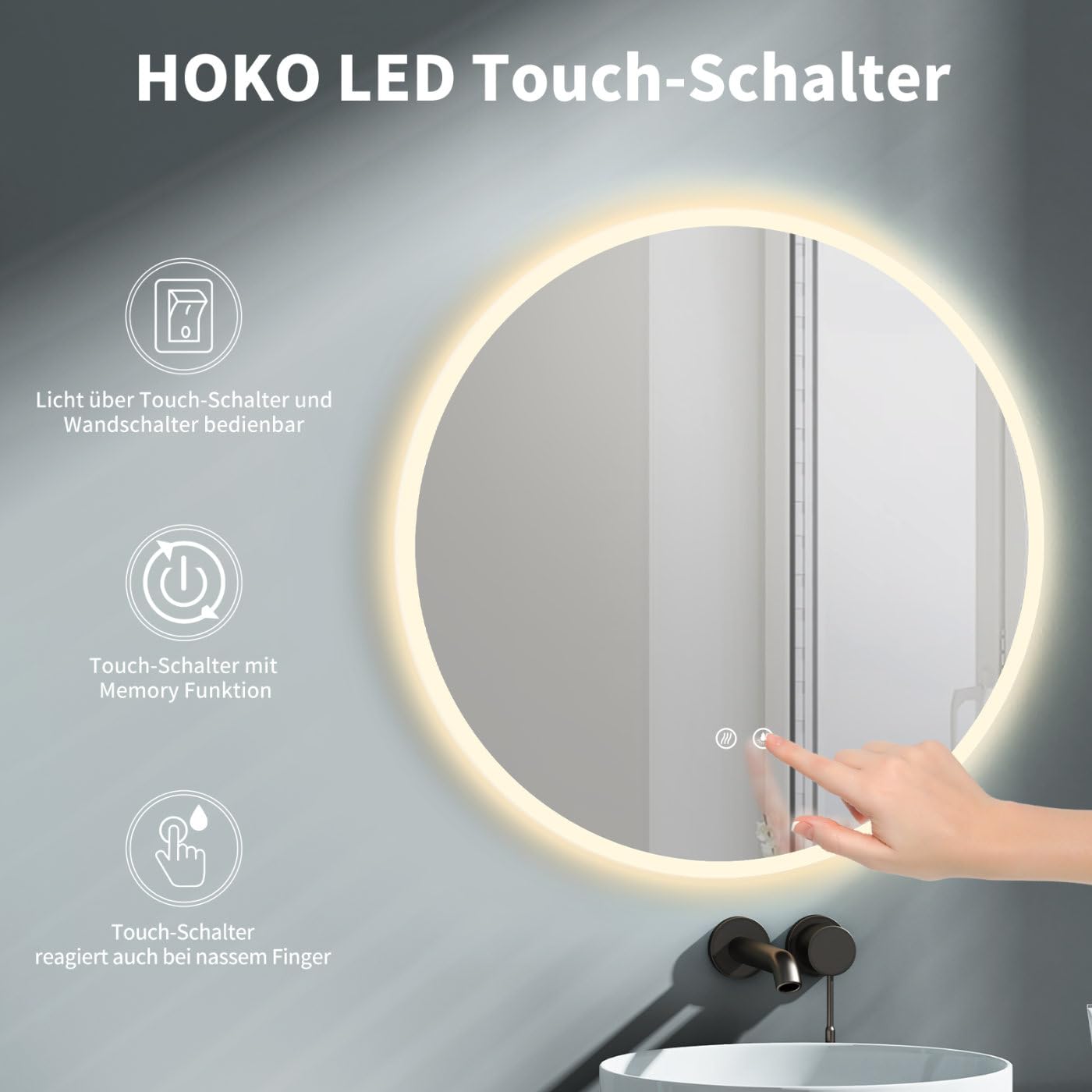 HOKO bathroom mirror 60cm ULM, with ANTI-FOG MIRROR HEATING, round bathroom mirror with LED lighting and with touch switch + LED change - Warm White - Cool White - Neutral.