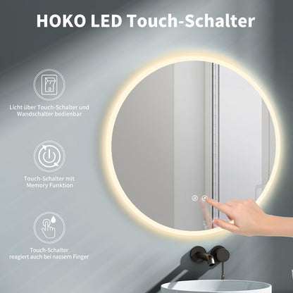 HOKO bathroom mirror 60cm ULM, with ANTI-FOG MIRROR HEATING, round bathroom mirror with LED lighting and with touch switch + LED change - Warm White - Cool White - Neutral.