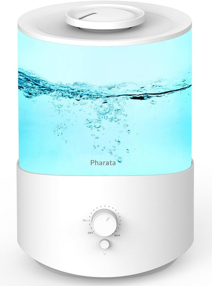 Pharata humidifier for bedroom, 2.5L diffuser room humidifier for nursery up to 28H, top-fill small ultrasonic room humidifier for baby plants with 7-color night light, BPA-free.