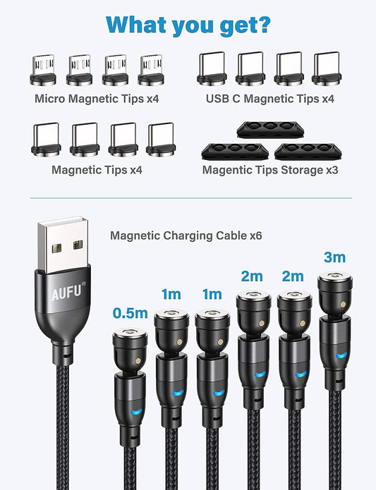 Magnetic charging cable, Magnetic charging cable [6 pieces, 0.5m 1m 1m 2m 2m 3m], USB C Magnetic Cable 360° and 180° Rotatable magnetic cable with Micro USB/Type C for smartphones