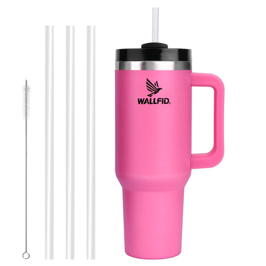WALLFID 40oz stainless steel thermos cup, vacuum insulated with lid, 3 straws, and 1 straw brush. For hot and cold drinks, perfect for coffee, tea, smoothies, and more. (Pink)