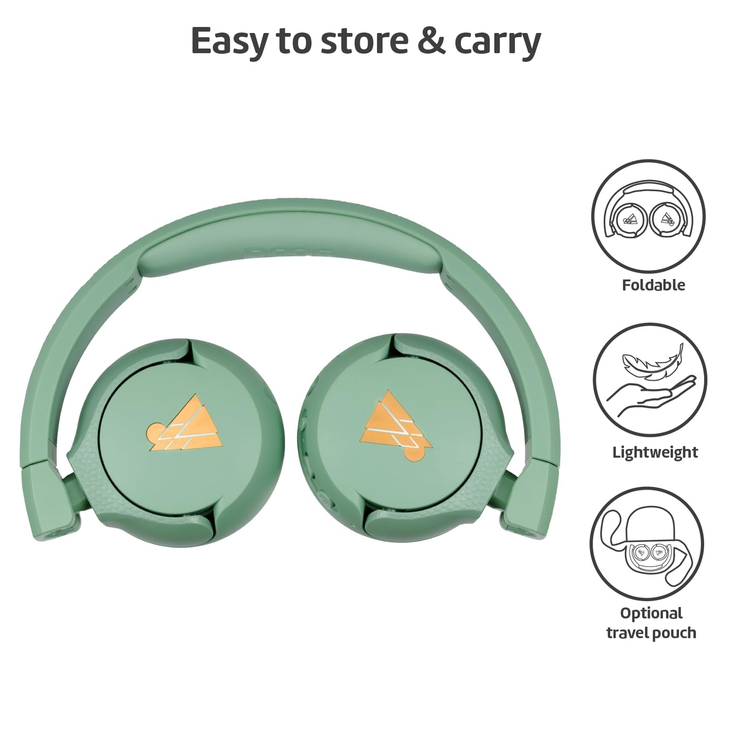 POGS Wireless Bluetooth Kids Headphones | The Gecko 2 | Foldable durable kids headphones for ages 3+ | Volume limit 70-85 dB | Microphone | On-ear | Wireless music sharing feature (Green)