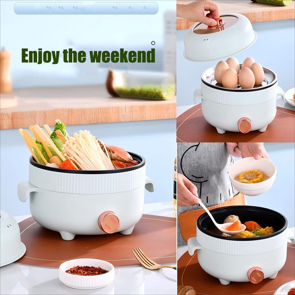RHD Electric Hot Pot 2.2L with Steamer, Portable Non-Stick Frying Pan, Travel Cooker for Frying/Ramen/Fondue/Soup for Dorm/Camping/Home, Dual Power Control, Overheat Protection