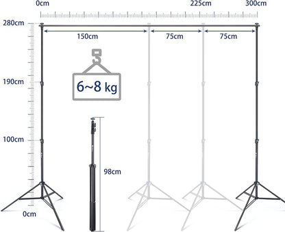 Potaeco Photo Background Stand, 2.8x3M Backdrop Stand Adjustable Photo Studio Support System with 6 Background Clips, 2 Sandbags and Carrying Bag for Portrait Product Photography, Wedding Parties