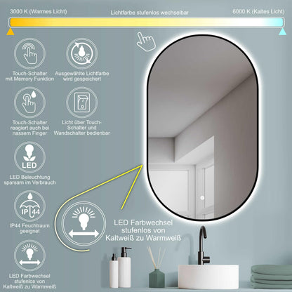 HOKO Design LED light mirror oval 50x90 cm / 90x50 cm Palermo with black metal frame. Mountable vertically or horizontally. LED illuminated bathroom wall mirror, touch switch + light change warm white - cool white - neutral.