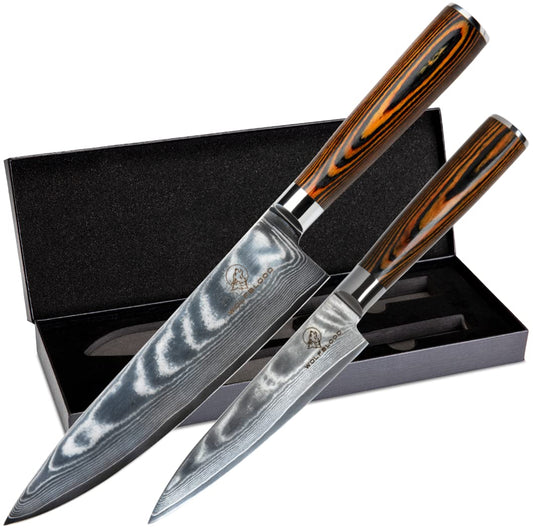 Wolfblood 2-piece damascus knife set (32cm and 24cm) Professional kitchen knives made of authentic 67-layer damascus steel. Set includes chef's knife, cooking knife, wooden handle, gift box, and blade guard.