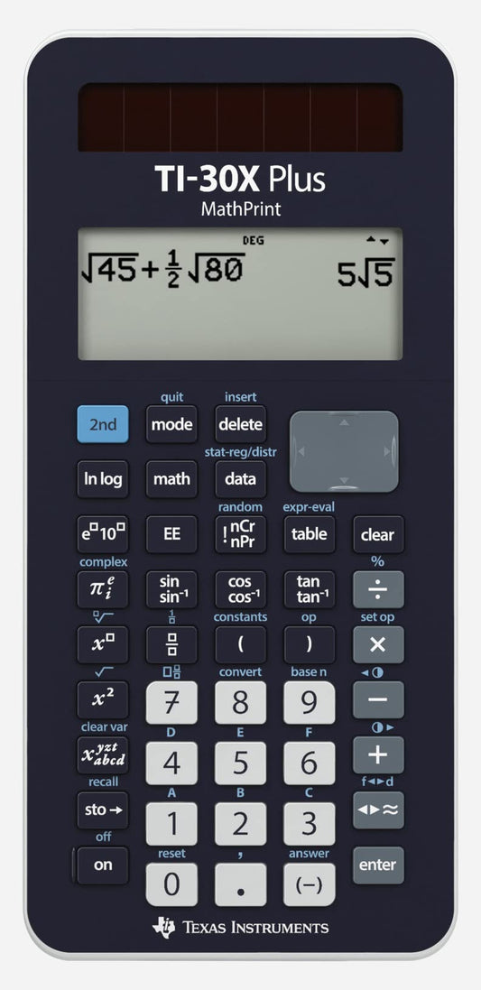 Texas Instruments TI-30X Plus MathPrint scientific calculator for middle and high school (4-line display, dark blue, solar and battery powered).