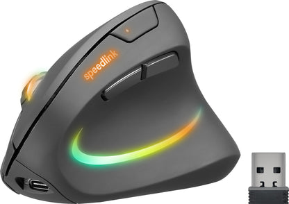 Speedlink PIAVO PRO RGB Vertical Mouse rechargeable - wireless quiet mouse ergonomic for right-handers, integrated battery, LED RGB lighting, adjustable up to 3200 dpi, black