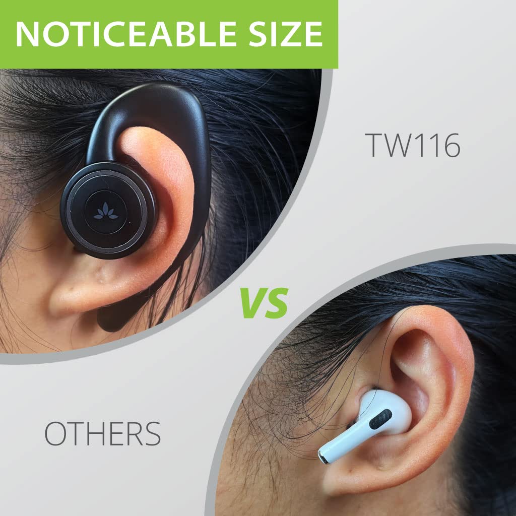 Avantree TWS116 - Wireless open-ear headphones with Bluetooth and charging station, noise cancellation, mono and stereo modes, and secure, non-adjustable ear hooks.