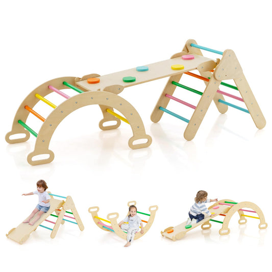 COSTWAY Climbing Triangle with Slide, Climbing Arch, including double-sided ramp, for climbing, sliding, and rocking, 4 in 1 indoor climbing frame for ages 1 and up (Multicolor)