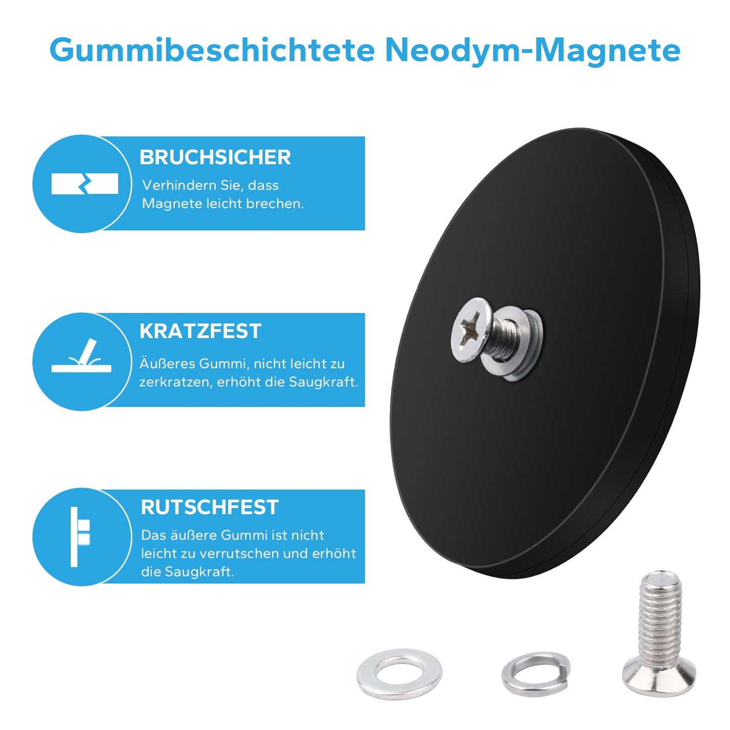 Aenienoe Neodymium Magnets Rubberized 66mm Threaded Magnet 30kg Very Strong Magnets Thread, Rubberized Magnets Inner Thread M6 4 Pieces