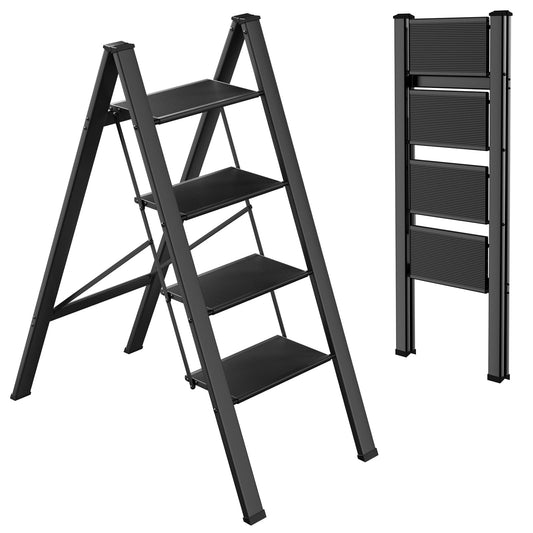 TLGREEN Aluminum Step Ladder 4-Step Foldable Ladder Non-Slip Step Ladder Household Ladder Multifunctional Step Stool Easy to Store up to 150kg Capacity for Kitchen Household Outdoor Office Black