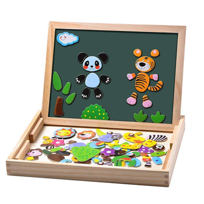 Uping Magnetic Wooden Puzzle 100 Pieces, Double-Sided Magnetic Board, Drawing Board Colored Pencils Chalks, Forest and Animal Puzzles Toy for Ages 3+