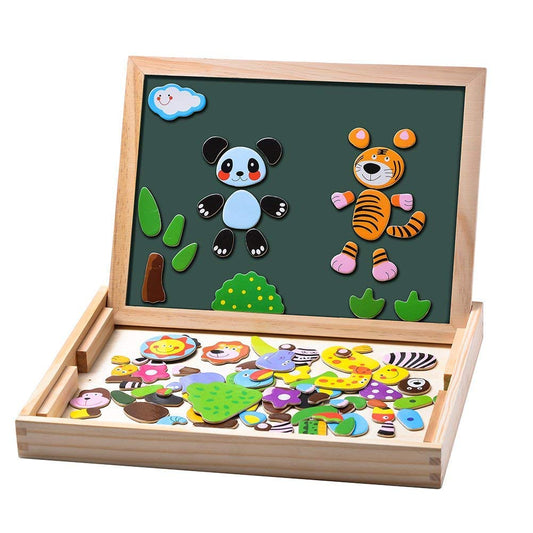 Uping Magnetic Wooden Puzzle 100 Pieces, Double-Sided Magnetic Board, Drawing Board Colored Pencils Chalks, Forest and Animal Puzzles Toy for Ages 3+