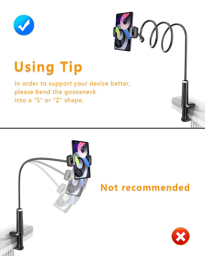 Tryone Gooseneck Tablet Holder for Bed: Tablet Stand with 360° Rotating Base and 2 Clips Phone Mount for Desk, Compatible with iPad Pro 12.9 Air Mini, Phone, or Other Devices from 4.7-12.9 Inches.