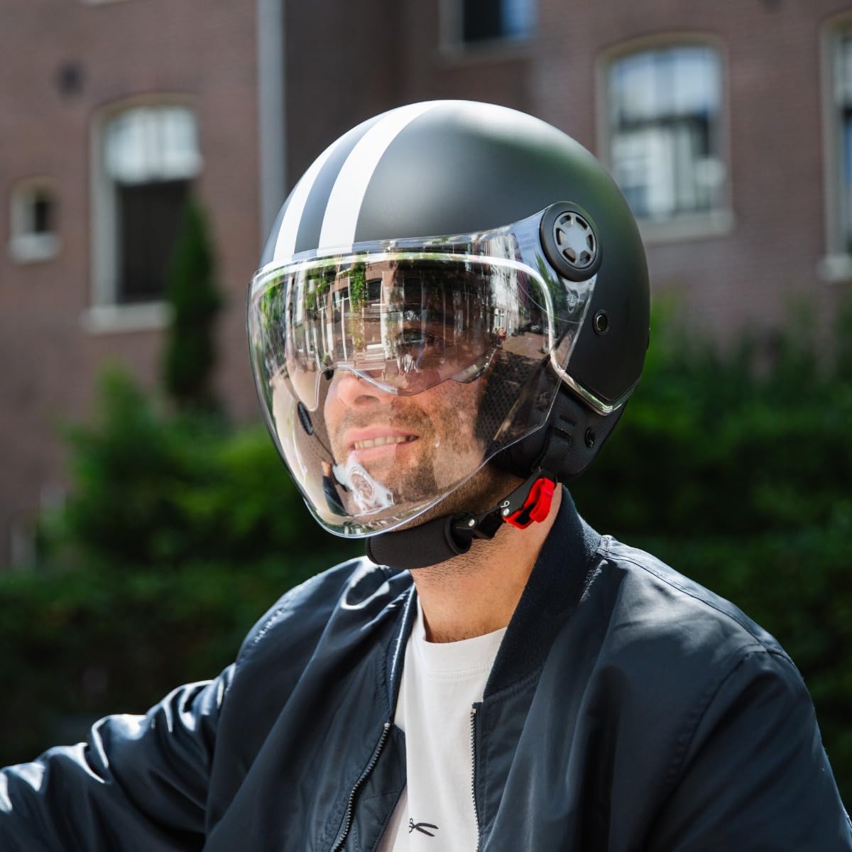 VINZ Parchi Jet Helmet with Double Visor | Scooter Helmet Fashion Helmet with Stripes | In sizes XS-XXL | Motorcycle Helmet with Sun Visor | ECE 22.06 Certified - Matte Black
