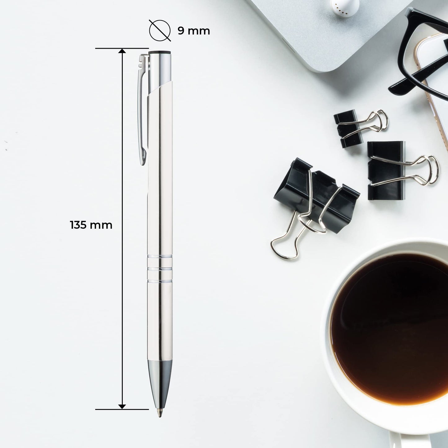 GIMEI® Metal Ballpoint Pen 50 Pieces | Premium Set High Quality, for Easy & Smooth Writing | White Pen with Blue Ink as Optical Highlight