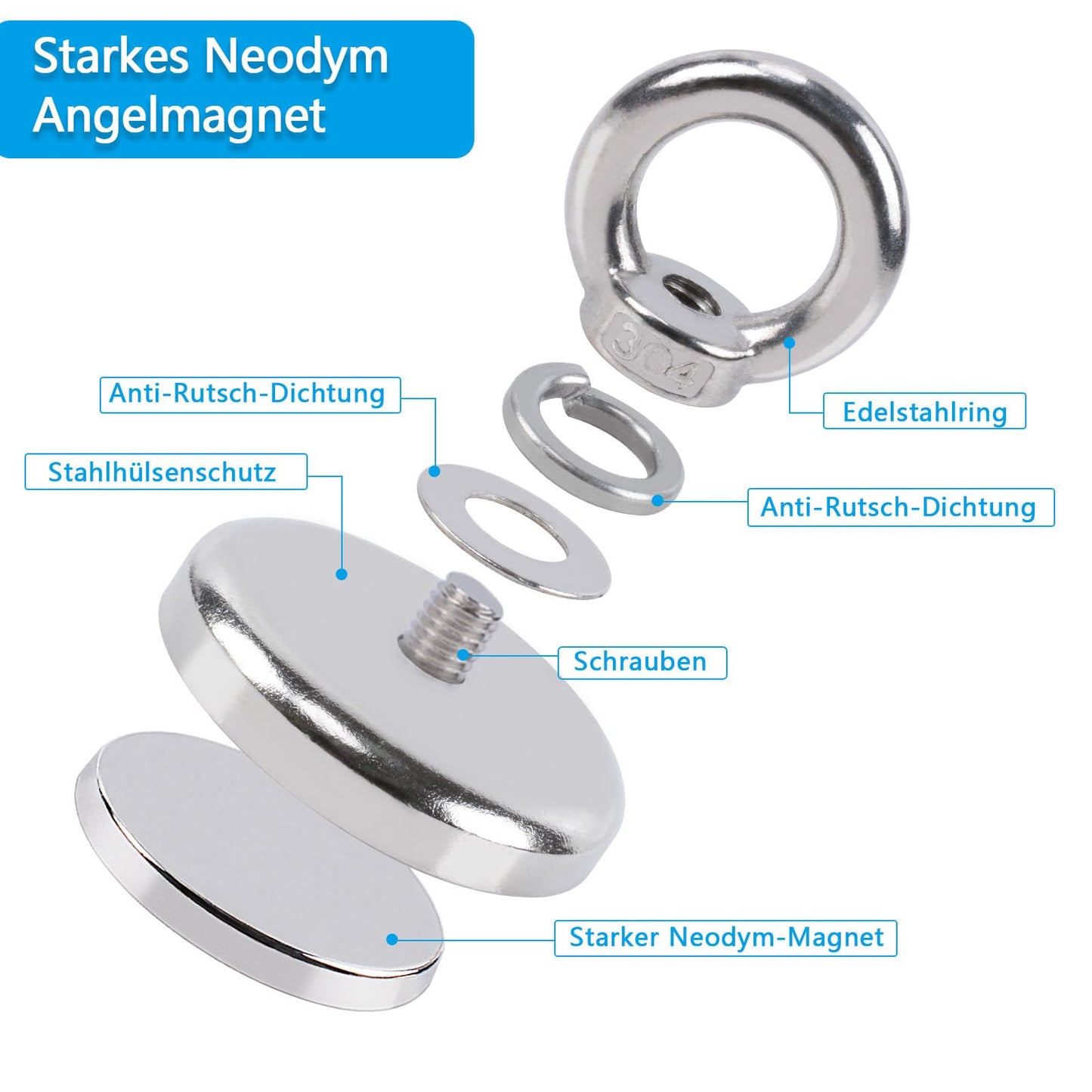 10pcs Strong Magnets, 45kg Neodymium Magnets Super Strong Fishing Magnets, 32mm Powerful Fishing Magnet with Hole for Home, Workshop, Pond Recovery, fishing in Lakes, Lawns, Ocean.