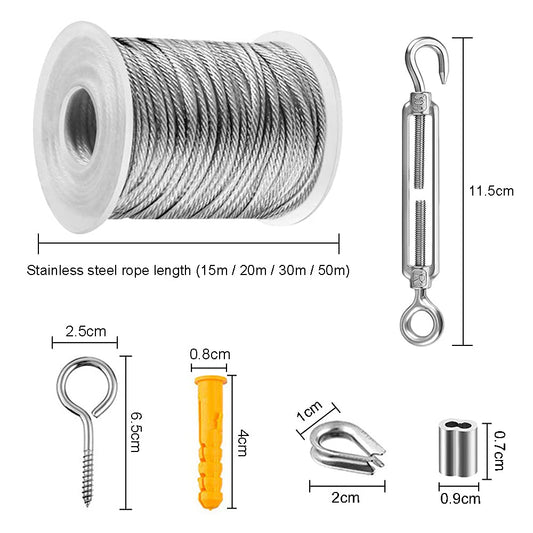 304 stainless steel wire rope set, wire rope suspension, tensioner with wire rope PVC coated, outdoor lights hanging, clothesline, stair railing, trellises and climbing aids (50m)