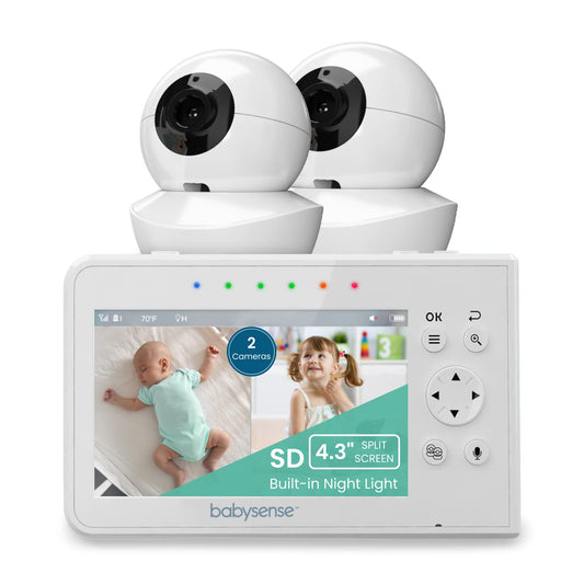 Babysense Baby Monitor with Split Screen 4.3", Video Baby Monitor with Two Cameras, PTZ Function, Range 300m (open space), Night Light, Two-Way Communication, Night Vision, Lullabies