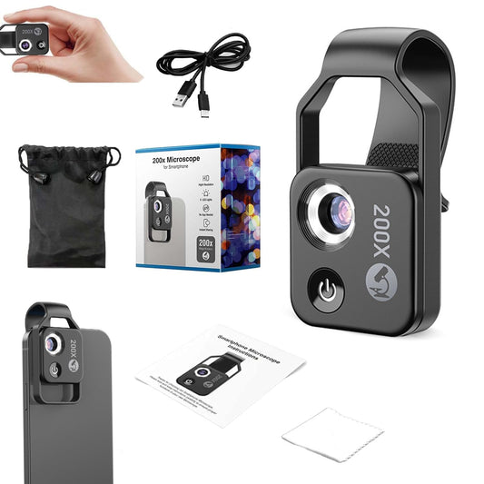 1 Piece Mobile Microscope for Smartphone Nano Zoom x200 for Handy Mini to Explore 200x Mini Microscope for Smartphone Camera Nano Zoom (Black with CPL)