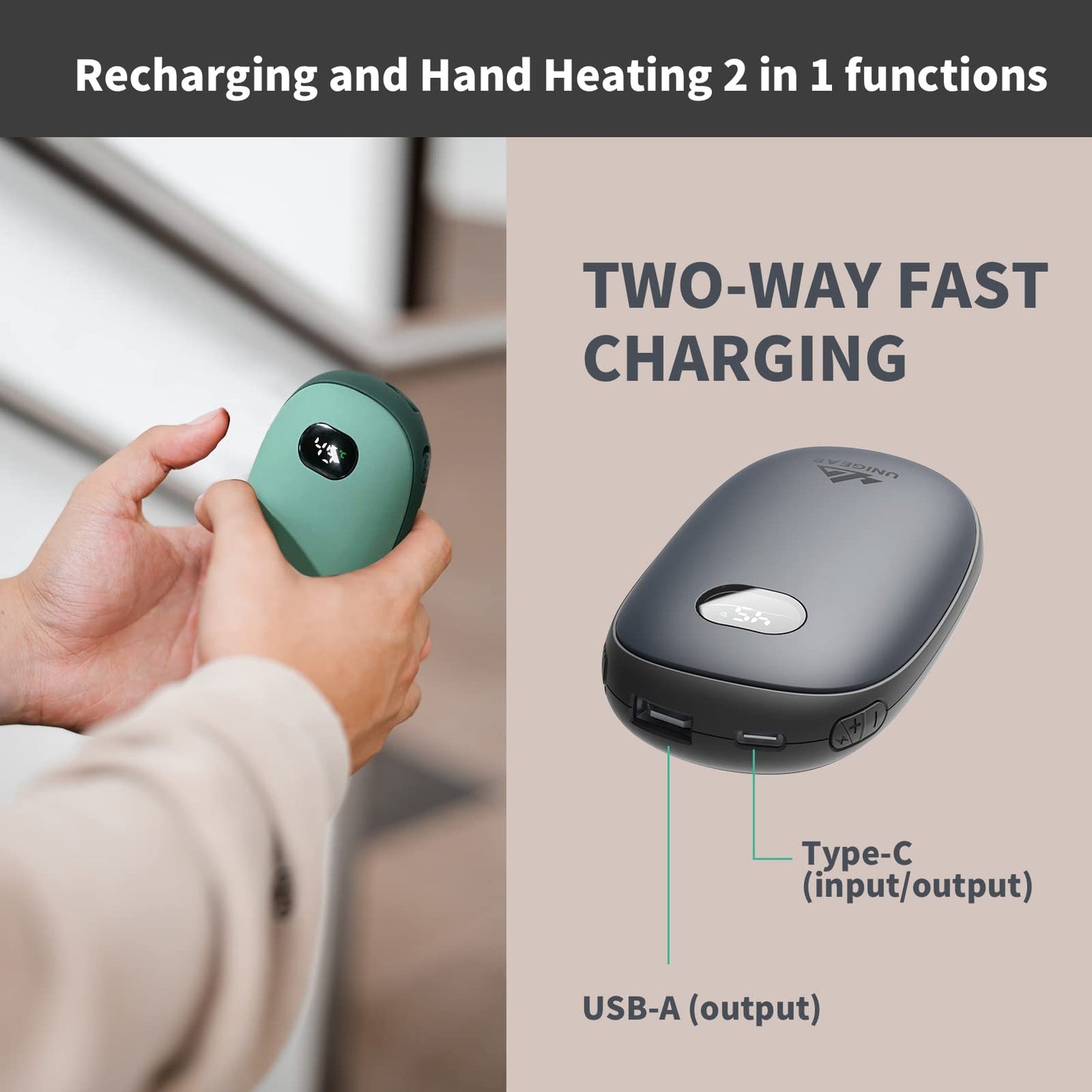 Unigear Hand Warmer 10000mAh Fast Charging Rechargeable, Electric Portable USB Pocket Warmer Powerbank with 21 heat levels from 35-55°C & digital screen for Raynauds, Outdoor, Hunting, Camping.