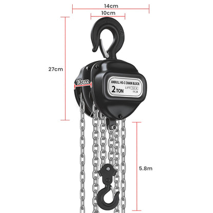 Anbull Chain Hoist, 2000kg load capacity, 5.8m lifting height, fully galvanized chain, no oil stains and rust-proof, product weight 17.5kg.