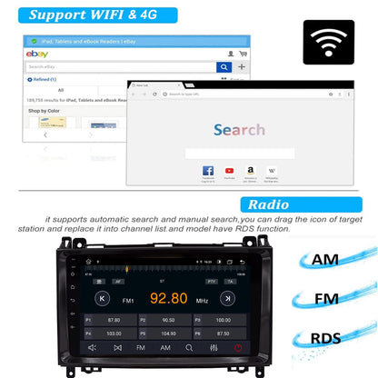Android 12 car stereo compatible with Mercedes Vito W639 car stereo W169 W245 W639 with CarPlay, Android Auto Octa-Core CPU, 9-inch IPS touchscreen with Bluetooth 5.0 USB WiFi 4G SWC DSP DAB, 6+128GB.