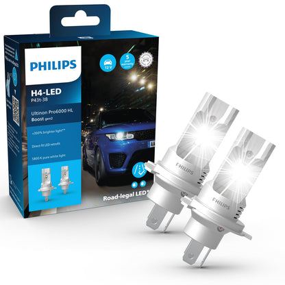 Philips Ultinon Pro6000 Boost gen2 Direct-fit H4-LED headlight bulb with road approval*, +300% brighter light**