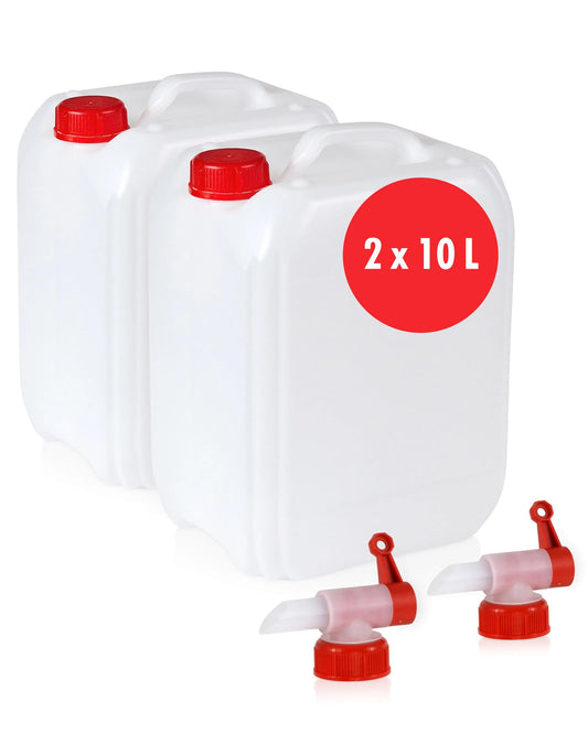 Höfer Chemie 2 x 10 L Water Canister Set White - BPA-free & Food-safe - Ideal camping accessory for liquids - With drain tap & screw cap