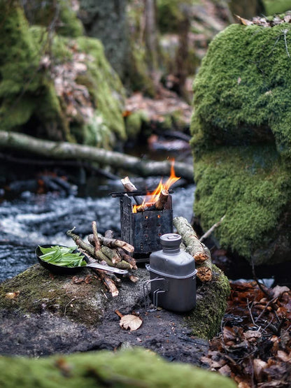 iBasingo Titan Field Bottle Set - Lightest Military Cookware 1100ml water bottle, 750ml & 400ml pot with lid, hanging steel wire & camouflage pouch. Cookware for outdoor camping hiking Ti2049C