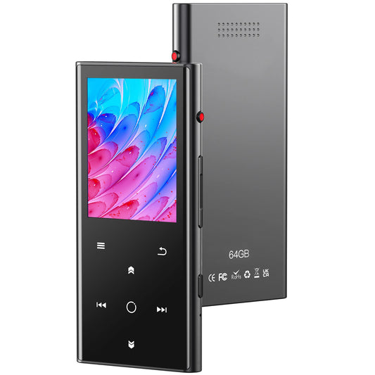 64GB MP3 player Bluetooth 5.2 with speaker and recording, 2.4-inch color screen HiFi music player with headphones, FM radio, and alarm clock. Supports up to 128GB SD card.