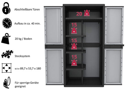 Kreher XXL plastic utility cabinet with a solid bottom, narrow shelves, and open compartment for bulky items. Features lockable doors. Dimensions WxDxH in cm: 89.7 x 53.7 x 180 cm.