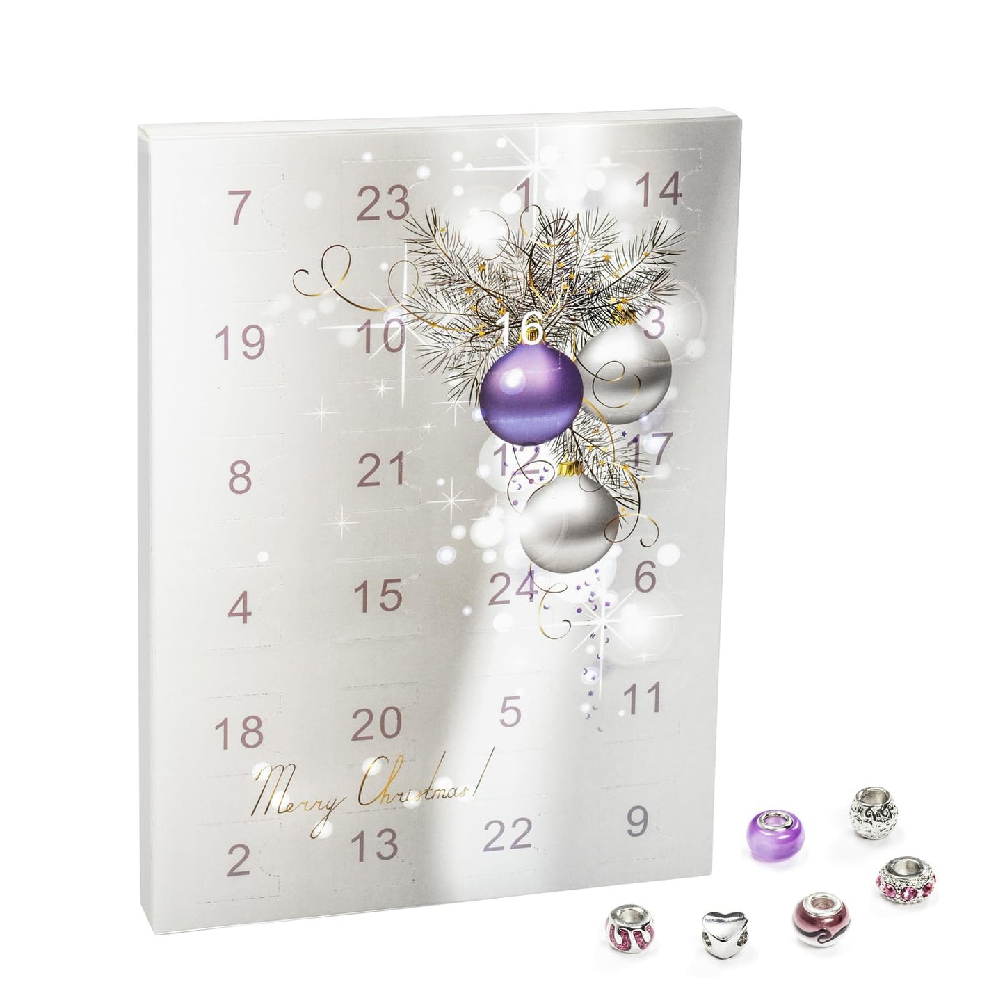 VALIOSA Merry Christmas Fashion Jewelry Advent Calendar with necklace, bracelet + 22 individual glass & metal bead pendants, a special gift for girls & women, purple, 24-piece set.