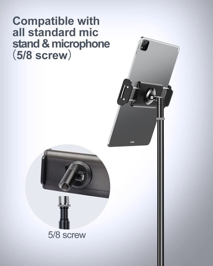 Elitehood Aluminum iPad Holder Microphone Stand, Side Tablet Holder Mic Stand, Adjustable 360° Rotatable Tablet Holder Microphone Stand with iPad Pro 12.9, Air, Mini, More 4-12.9” Devices